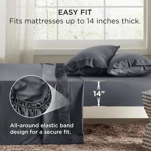 🆕 4 Pieces Gray Luxury California King Polyester Microfiber Cooling Bed Sheet - Picture 6 of 7